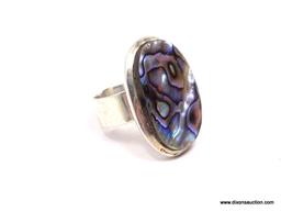 .925 ABALONE RING; CHARMING NEW WIDE BAND ABALONE SHELL RING. SIZE 8. RETAIL PRICE $79.00.