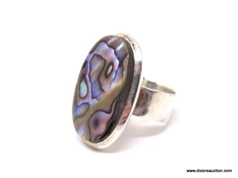 .925 ABALONE RING; CHARMING NEW WIDE BAND ABALONE SHELL RING. SIZE 8. RETAIL PRICE $79.00.