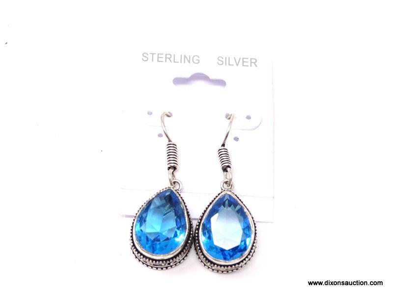 .925 BLUE TOPAZ EARRINGS; NEW 1 2/8" .925 BEAUTIFULLY DETAILED, FACETED SWISS BLUE TOPAZ EARRINGS.