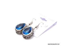 .925 BLUE TOPAZ EARRINGS; NEW 1 2/8" .925 BEAUTIFULLY DETAILED, FACETED SWISS BLUE TOPAZ EARRINGS.