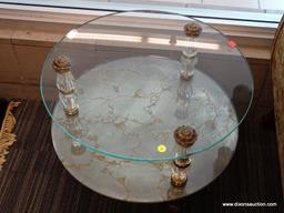 (WINDOW) TIERED GLASS SIDE TABLE; 1 IN A PAIR OF 2-TIERED, ROUND, GLASS SIDE TABLES WITH 3 ACRYLIC