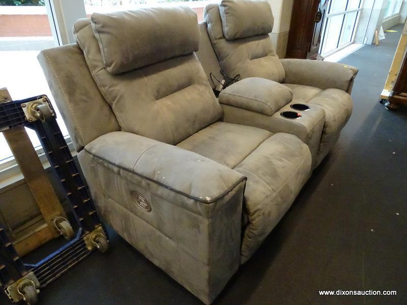 (WINDOW) HOME THEATRE 2-SEATER RECLINER; GRAY UPHOLSTERED 2-SEATER HOME THEATRE RECLINING SOFA WITH