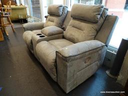 (WINDOW) HOME THEATRE 2-SEATER RECLINER; GRAY UPHOLSTERED 2-SEATER HOME THEATRE RECLINING SOFA WITH