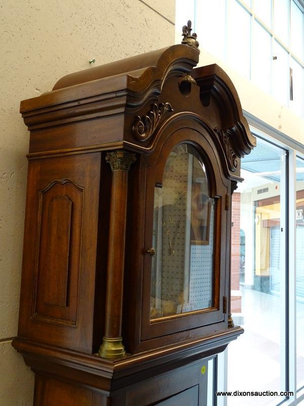 (WINDOW) MAITLAND SMITH GRANDFATHER CLOCK; WALNUT GRANDFATHER CLOCK WITH A FRENCH SCENE ON THE