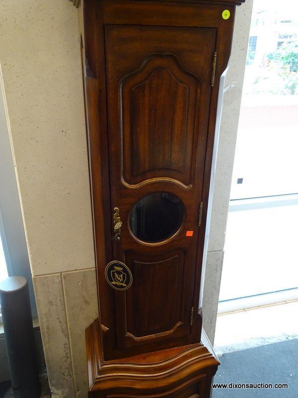 (WINDOW) MAITLAND SMITH GRANDFATHER CLOCK; WALNUT GRANDFATHER CLOCK WITH A FRENCH SCENE ON THE