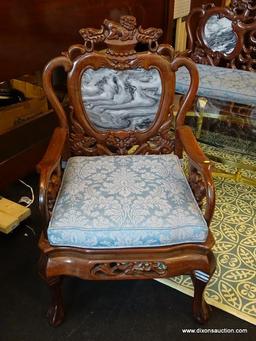 (R1) HEAVILY CARVED ORIENTAL ARM CHAIR; BLACK & WHITE MARBLE BACK, DRAGON CARVED BACK & ARMS, BALL &