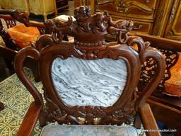 (R1) HEAVILY CARVED ORIENTAL ARM CHAIR; BLACK & WHITE MARBLE BACK, DRAGON CARVED BACK & ARMS, BALL &