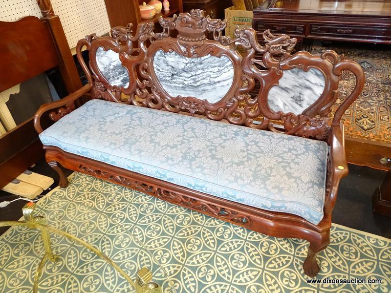 (R1) HEAVILY CARVED ORIENTAL SOFA; 3 PIECE BLACK & WHITE SECTIONED MARBLE BACK, DRAGON CARVED BACK &