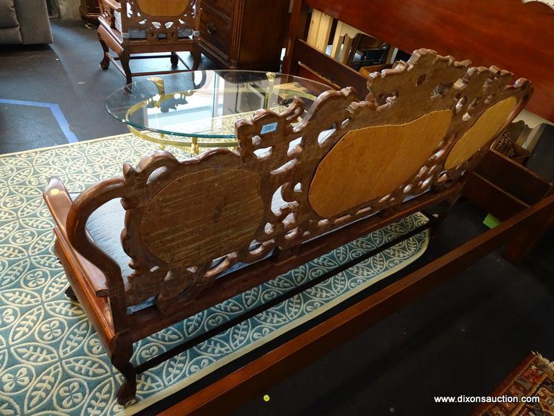 (R1) HEAVILY CARVED ORIENTAL SOFA; 3 PIECE BLACK & WHITE SECTIONED MARBLE BACK, DRAGON CARVED BACK &