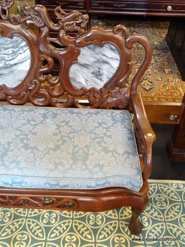 (R1) HEAVILY CARVED ORIENTAL SOFA; 3 PIECE BLACK & WHITE SECTIONED MARBLE BACK, DRAGON CARVED BACK &