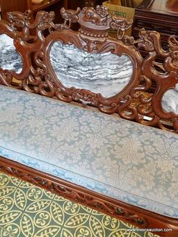 (R1) HEAVILY CARVED ORIENTAL SOFA; 3 PIECE BLACK & WHITE SECTIONED MARBLE BACK, DRAGON CARVED BACK &