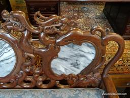 (R1) HEAVILY CARVED ORIENTAL SOFA; 3 PIECE BLACK & WHITE SECTIONED MARBLE BACK, DRAGON CARVED BACK &