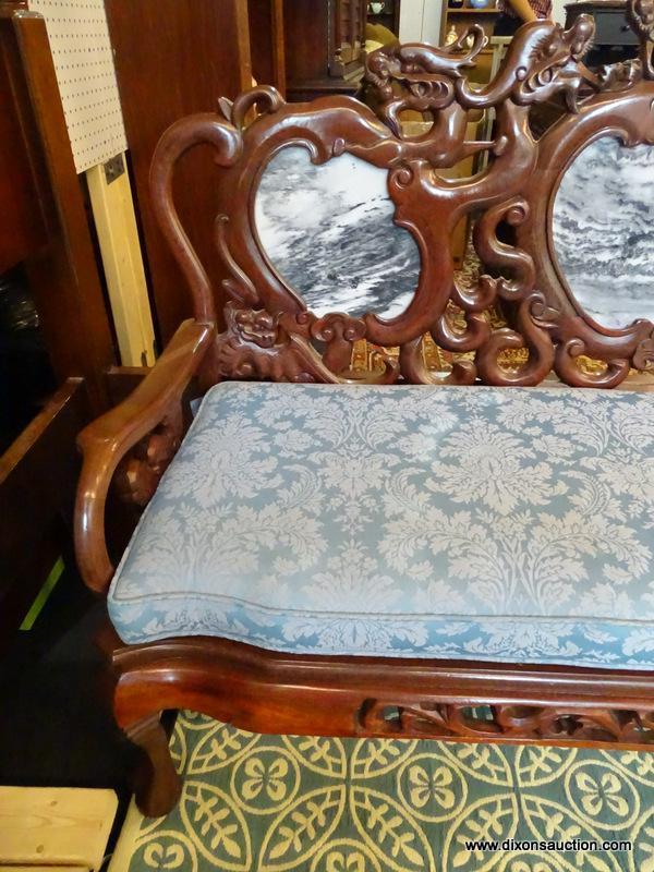 (R1) HEAVILY CARVED ORIENTAL SOFA; 3 PIECE BLACK & WHITE SECTIONED MARBLE BACK, DRAGON CARVED BACK &