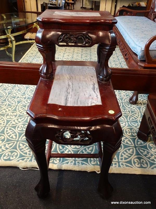 (R1) HEAVILY CARVED ORIENTAL 2 TIERED SIDE TABLE; BLACK & WHITE MARBLE ON BOTH TIERS, CARVED