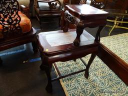 (R1) HEAVILY CARVED ORIENTAL 2 TIERED SIDE TABLE; BLACK & WHITE MARBLE ON BOTH TIERS, CARVED