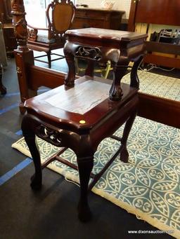 (R1) HEAVILY CARVED ORIENTAL 2 TIERED SIDE TABLE; BLACK & WHITE MARBLE ON BOTH TIERS, CARVED