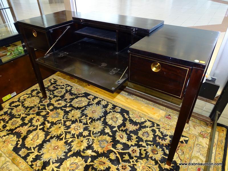 (WINDOW) REGENCY WRITERS DESK; CHERRY FINISHED DESK WITH A FLIP TOP CENTER, THAT REVEALS A PLACE FOR