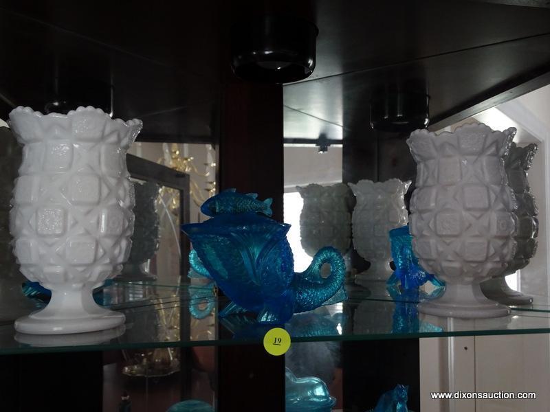 (DR) CONTENTS OF CURIO; LOT INCLUDES PR. MILK GLASS VASES, BLUE FISH SHAPED CANDY DISH, BLUE BUTTER