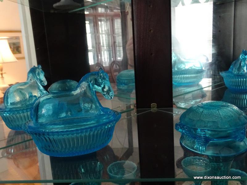 (DR) CONTENTS OF CURIO; LOT INCLUDES PR. MILK GLASS VASES, BLUE FISH SHAPED CANDY DISH, BLUE BUTTER