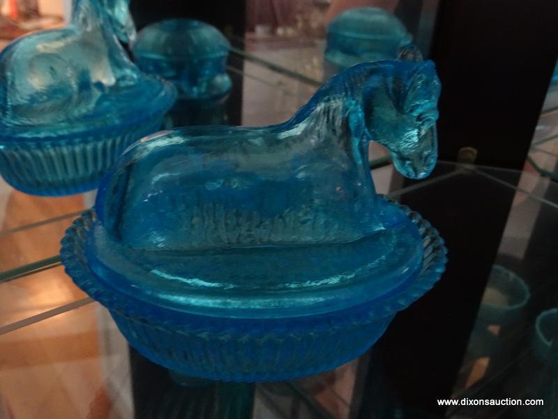 (DR) CONTENTS OF CURIO; LOT INCLUDES PR. MILK GLASS VASES, BLUE FISH SHAPED CANDY DISH, BLUE BUTTER