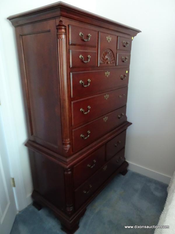(MBED) CHEST ON CHEST; CHERRY CHEST ON CHEST WITH SHELL CARVED DRAWER AND REEDED COLUMNED CORNERS- 9