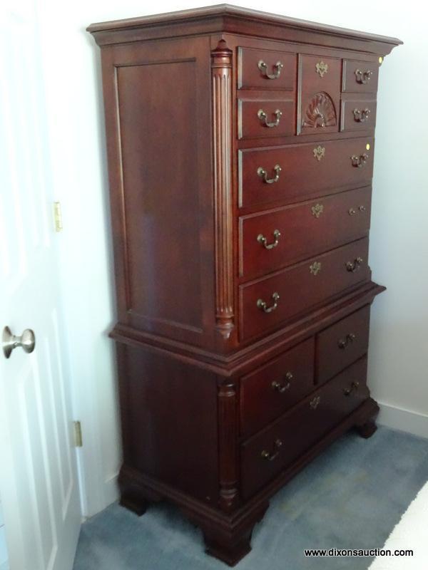 (MBED) CHEST ON CHEST; CHERRY CHEST ON CHEST WITH SHELL CARVED DRAWER AND REEDED COLUMNED CORNERS- 9