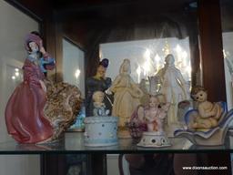 (DR) SHELF LOT; LOT INCLUDES -FIGURINES, CHAMPAGNE FLUTES, 6 CRYSTAL TEA GLASSES, ETC.