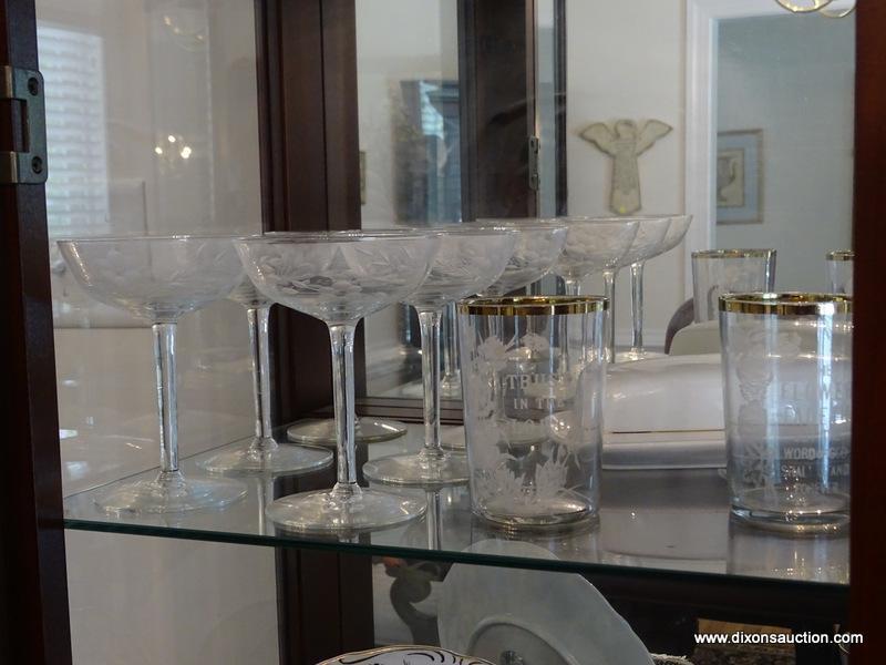 (DR) SHELF LOT; LOT INCLUDES- 6 ETCHED WINE GLASSES, 15 PR. OF SALT AND PEPPER SHAKERS, VINTAGE