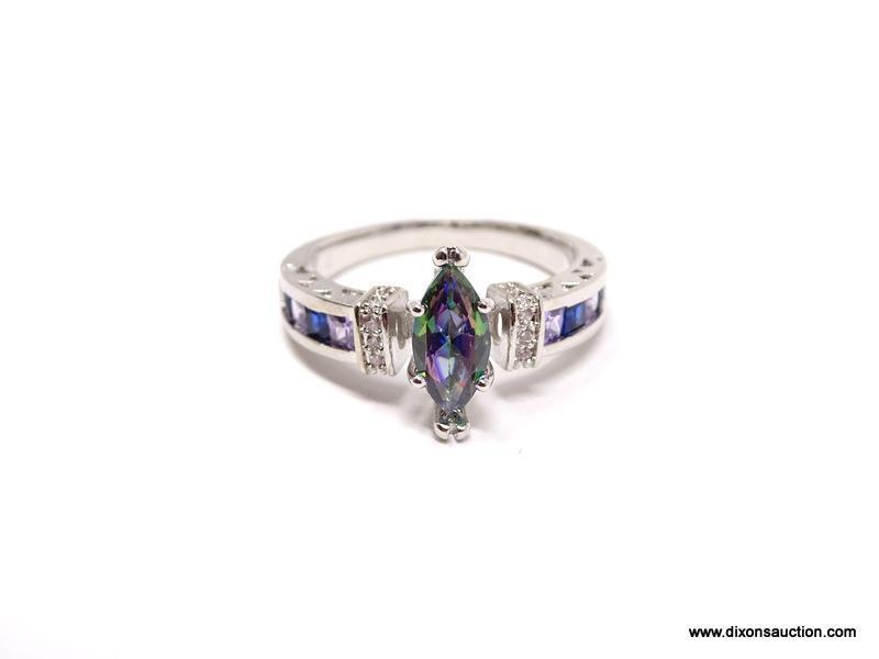 .925 STERLING SILVER LADIES LEFT MYSTIC TOPAZ RING. SIZE 8.5.