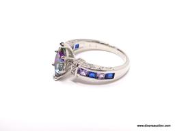 .925 STERLING SILVER LADIES LEFT MYSTIC TOPAZ RING. SIZE 8.5.