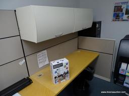 (OFC) L SHAPED DOUBLE SIDED CUBICLE DESK. NATURAL COLORED WOOD WITH BEIGE FABRIC PANELS. CAN BE