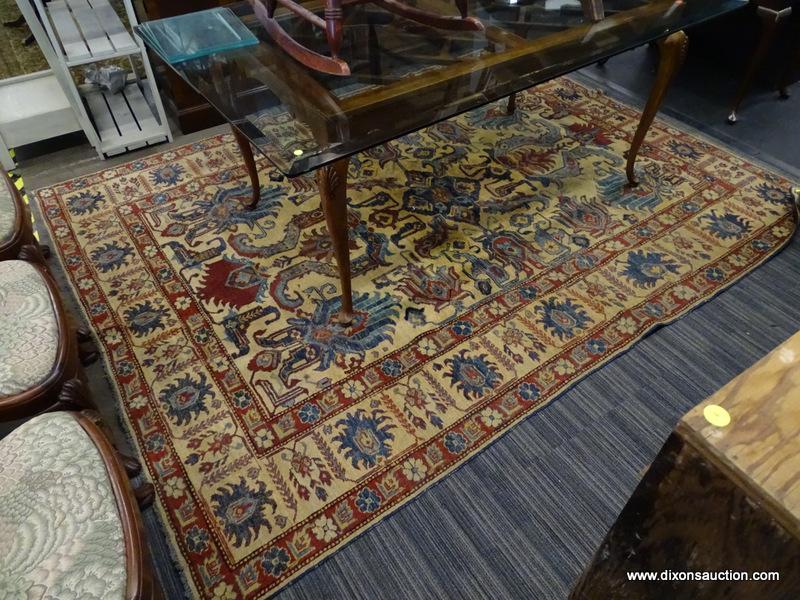 (R1) VINTAGE FLORAL AREA RUG; BLUE, BEIGE, AND RED, FLORAL AND GEOMETRIC PATTERNED, AREA RUG. HAS