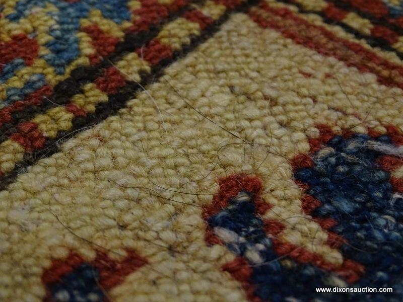 (R1) VINTAGE FLORAL AREA RUG; BLUE, BEIGE, AND RED, FLORAL AND GEOMETRIC PATTERNED, AREA RUG. HAS