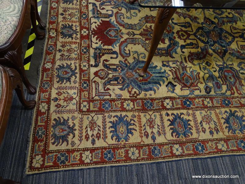 (R1) VINTAGE FLORAL AREA RUG; BLUE, BEIGE, AND RED, FLORAL AND GEOMETRIC PATTERNED, AREA RUG. HAS