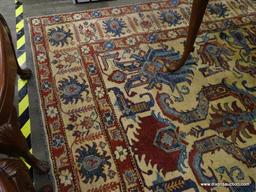 (R1) VINTAGE FLORAL AREA RUG; BLUE, BEIGE, AND RED, FLORAL AND GEOMETRIC PATTERNED, AREA RUG. HAS