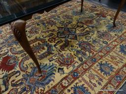 (R1) VINTAGE FLORAL AREA RUG; BLUE, BEIGE, AND RED, FLORAL AND GEOMETRIC PATTERNED, AREA RUG. HAS