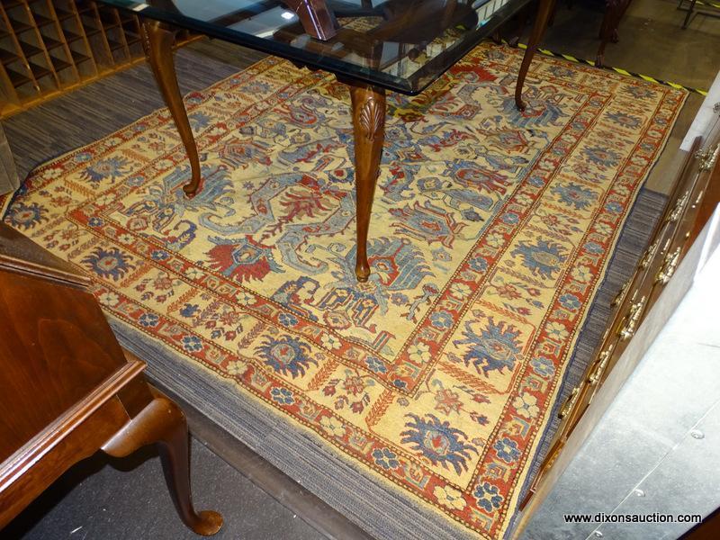 (R1) VINTAGE FLORAL AREA RUG; BLUE, BEIGE, AND RED, FLORAL AND GEOMETRIC PATTERNED, AREA RUG. HAS