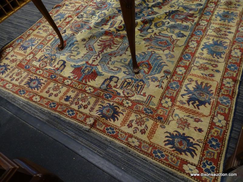 (R1) VINTAGE FLORAL AREA RUG; BLUE, BEIGE, AND RED, FLORAL AND GEOMETRIC PATTERNED, AREA RUG. HAS