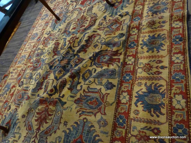 (R1) VINTAGE FLORAL AREA RUG; BLUE, BEIGE, AND RED, FLORAL AND GEOMETRIC PATTERNED, AREA RUG. HAS