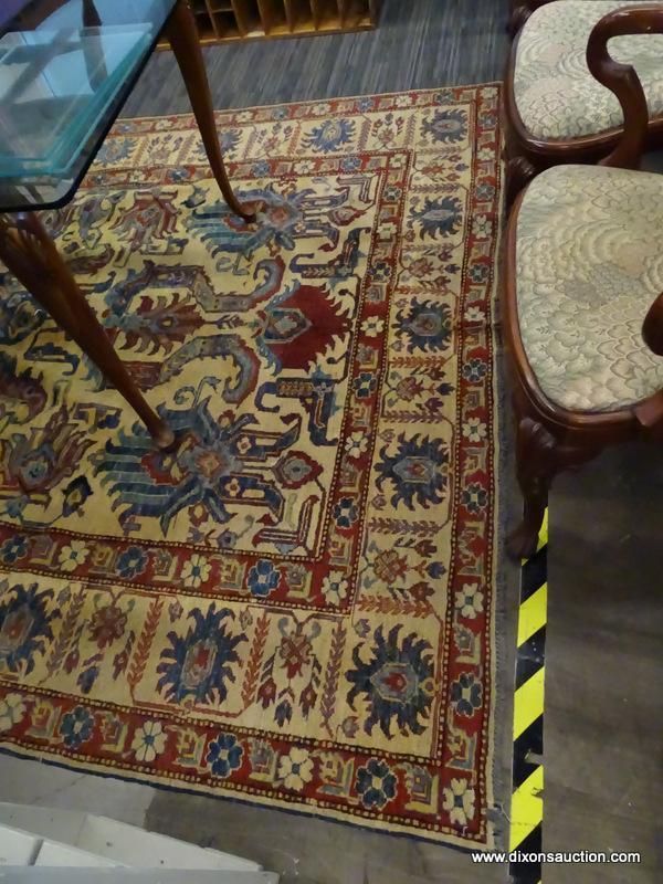 (R1) VINTAGE FLORAL AREA RUG; BLUE, BEIGE, AND RED, FLORAL AND GEOMETRIC PATTERNED, AREA RUG. HAS