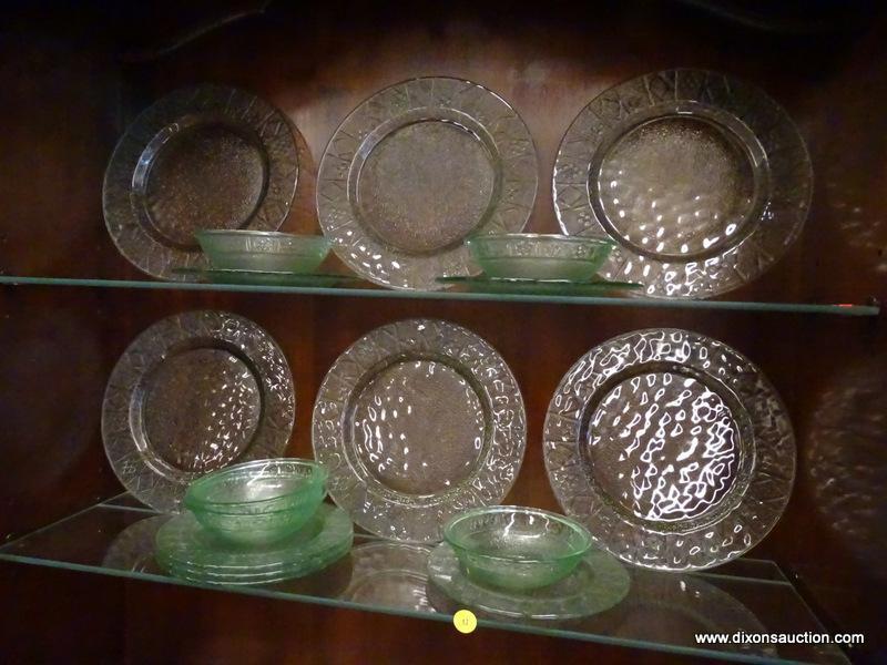 (R1) LOT OF ASSORTED GREEN TONED GLASS DISHES; 17 PIECE LOT OF ASSORTED SEE THROUGH, GREEN TONED