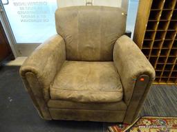 (R1) FAIRFIELD SOFA CHAIR; CUSHIONED ARM CHAIR WITH WORN LOOK LEATHER UPHOLSTERY. MEASURES 39" X 35"