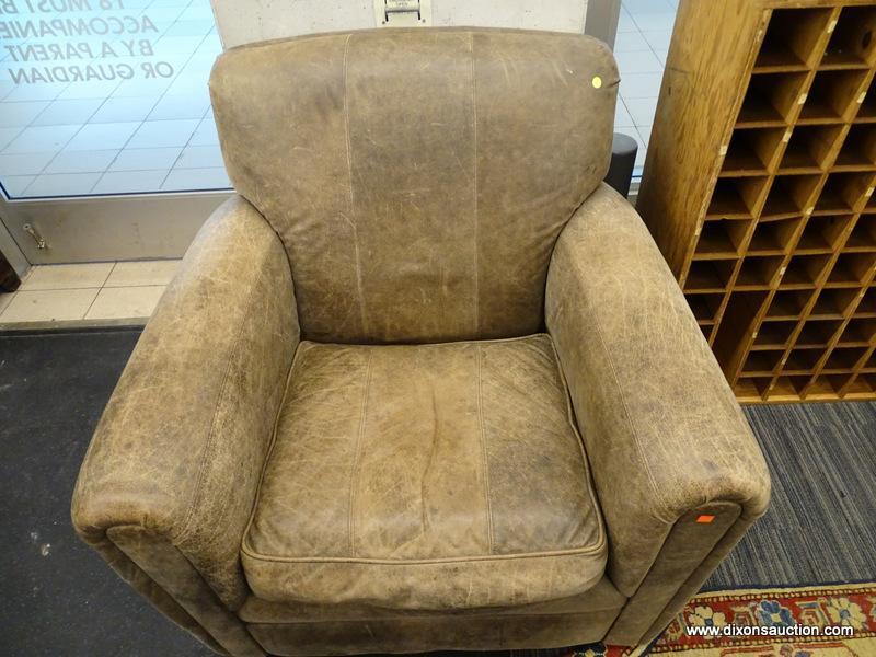 (R1) FAIRFIELD SOFA CHAIR; CUSHIONED ARM CHAIR WITH WORN LOOK LEATHER UPHOLSTERY. MEASURES 39" X 35"