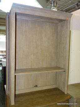 POTTERY BARN LIVINGSTON DOUBLE BOOKCASE HUTCH, GRAY WASH, 35" WIDE; THE WOODS RICH GRAIN ENHANCED