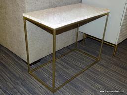 WEST ELM STREAMLINE SIDE TABLE; NARROW, WHITE CARRARA MARBLE TOP SIDE TABLE WITH A BRONZE FINISHED