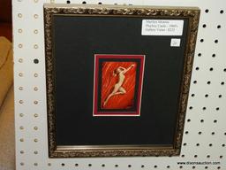 MARILYN MONROE PLAYBOY CARD; FRAMED, 1960'S PLAYBOY CARD OF MARILYN MONROE POSING NUDE ON A RED