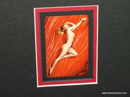 MARILYN MONROE PLAYBOY CARD; FRAMED, 1960'S PLAYBOY CARD OF MARILYN MONROE POSING NUDE ON A RED