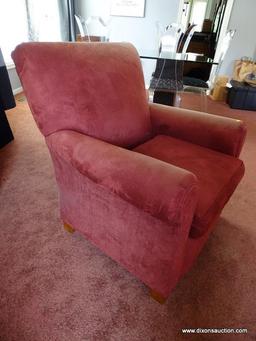 (DR) UPHOLSTERED ARM CHAIR; ROLLING ARM, RED UPHOLSTERED ARM CHAIR WITH BLOCK FEET. MEASURES 35" X