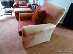 (DR) UPHOLSTERED ARM CHAIR; ROLLING ARM, RED UPHOLSTERED ARM CHAIR WITH BLOCK FEET. MEASURES 35" X