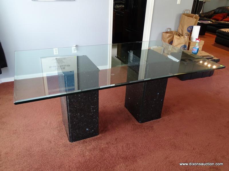 (DR) GLASS TOP DINING TABLE; BEVELED EDGE, DINING TABLE WITH A DOUBLE PEDESTAL, BLACK CULTURED